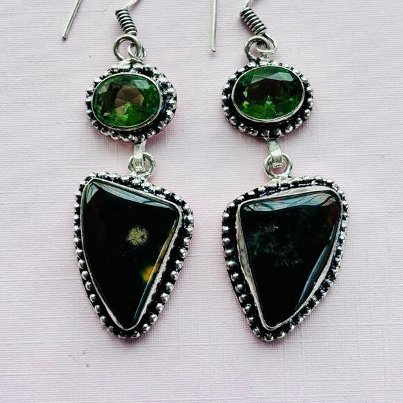 925 Sterling Bloodstone & Peridot  Dangle Earrings - Picture 3 of 6